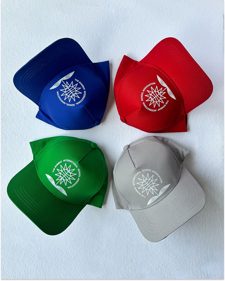 bis school association caps in blue red green and grey with white logo print